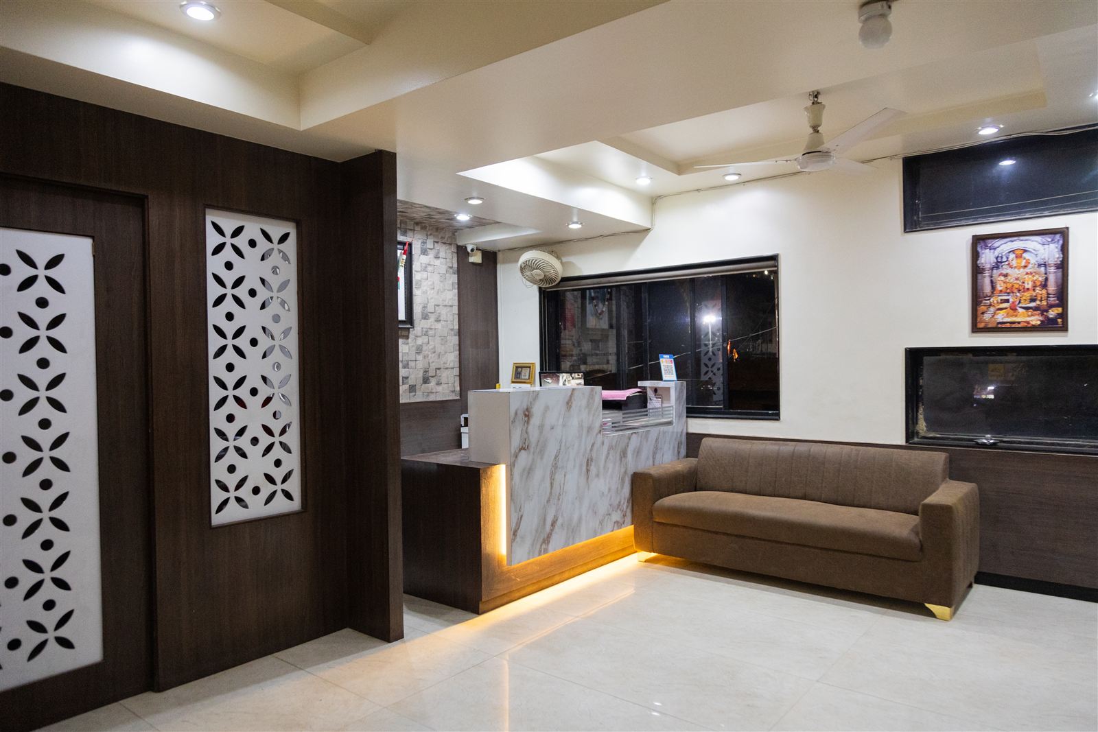 Reception desk with warm under-glow